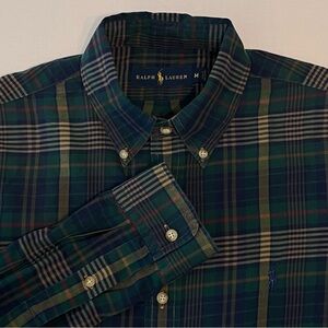 Ralph Lauren Men's Blue & Green Plaid 100% Cotton Long Sleeve Blue Pony Shirt